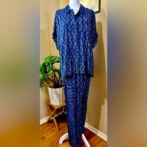 Blue pattern Liverpool blouse and pant set.